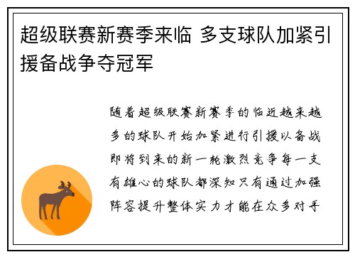 超级联赛新赛季来临 多支球队加紧引援备战争夺冠军