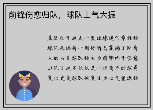 前锋伤愈归队，球队士气大振