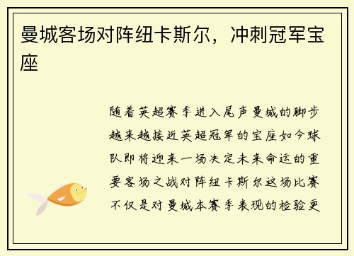 曼城客场对阵纽卡斯尔，冲刺冠军宝座