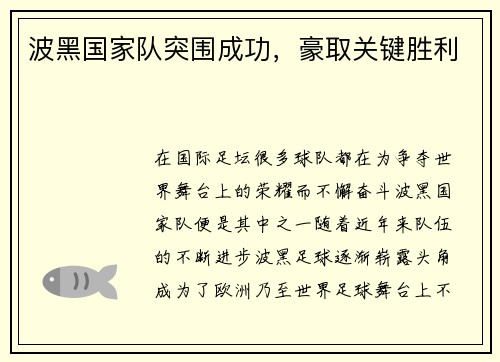 波黑国家队突围成功，豪取关键胜利
