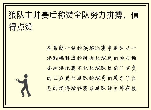 狼队主帅赛后称赞全队努力拼搏，值得点赞