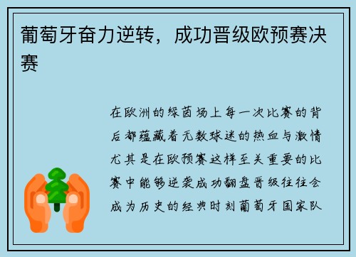 葡萄牙奋力逆转，成功晋级欧预赛决赛