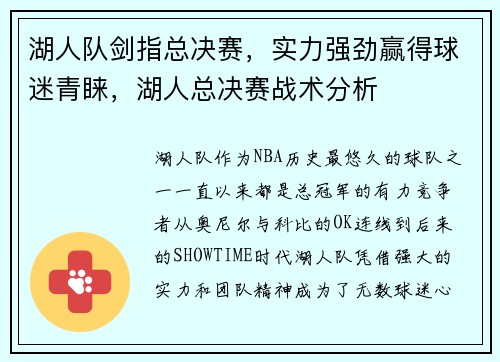 湖人队剑指总决赛，实力强劲赢得球迷青睐，湖人总决赛战术分析