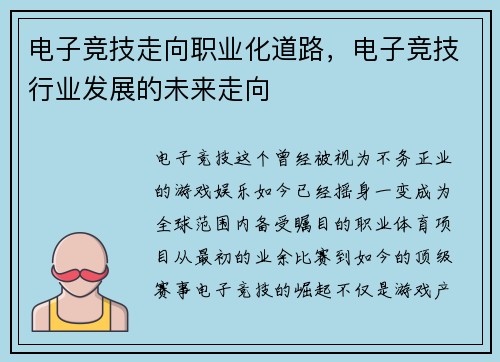 电子竞技走向职业化道路，电子竞技行业发展的未来走向