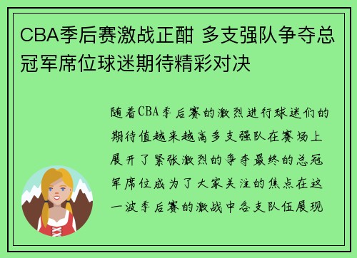 CBA季后赛激战正酣 多支强队争夺总冠军席位球迷期待精彩对决