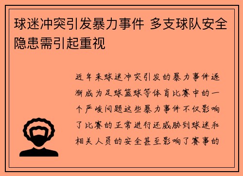 球迷冲突引发暴力事件 多支球队安全隐患需引起重视