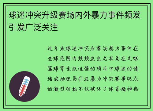 球迷冲突升级赛场内外暴力事件频发引发广泛关注
