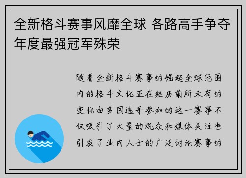 全新格斗赛事风靡全球 各路高手争夺年度最强冠军殊荣