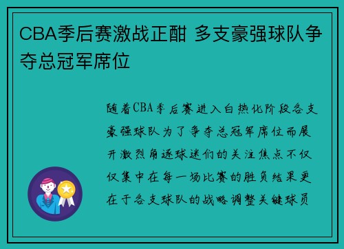CBA季后赛激战正酣 多支豪强球队争夺总冠军席位