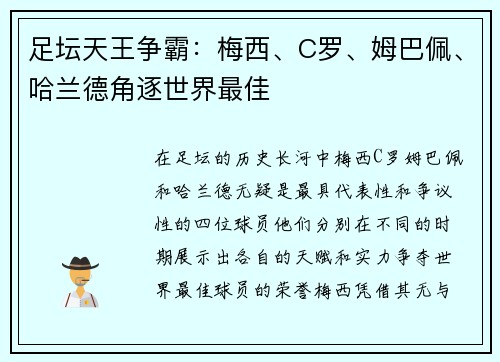 足坛天王争霸：梅西、C罗、姆巴佩、哈兰德角逐世界最佳
