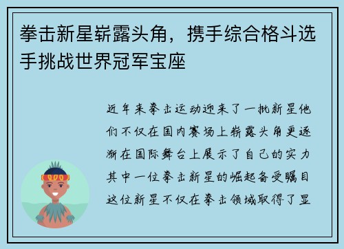 拳击新星崭露头角，携手综合格斗选手挑战世界冠军宝座