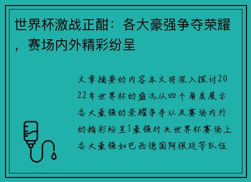 世界杯激战正酣：各大豪强争夺荣耀，赛场内外精彩纷呈