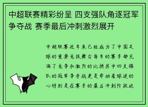 中超联赛精彩纷呈 四支强队角逐冠军争夺战 赛季最后冲刺激烈展开