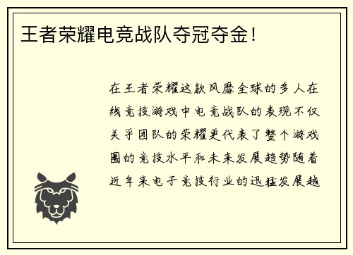 王者荣耀电竞战队夺冠夺金！